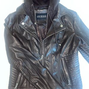 Guess Dark Brown Leather Zip-Up Jacket w/ Detachable Hood!